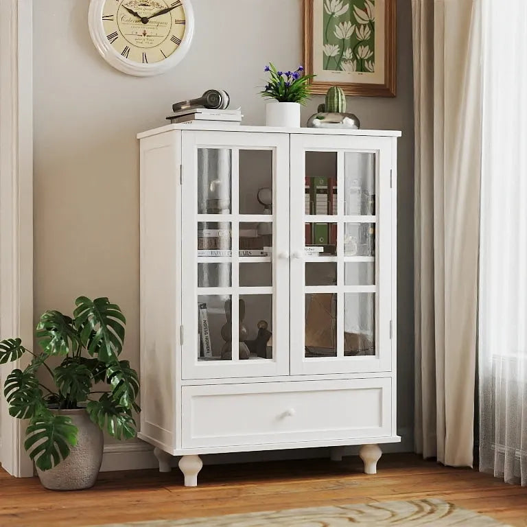 Credenza Buffet Minimalista con Doppie Ante in Vetro e Cassetto, Armadio Contenitore in Legno per Soggiorno, Corridoio