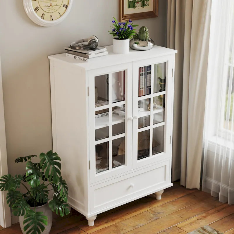 Credenza Buffet Minimalista con Doppie Ante in Vetro e Cassetto, Armadio Contenitore in Legno per Soggiorno, Corridoio