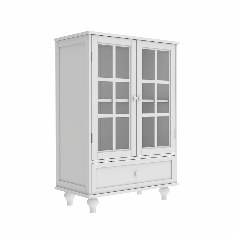 Credenza Buffet Minimalista con Doppie Ante in Vetro e Cassetto, Armadio Contenitore in Legno per Soggiorno, Corridoio