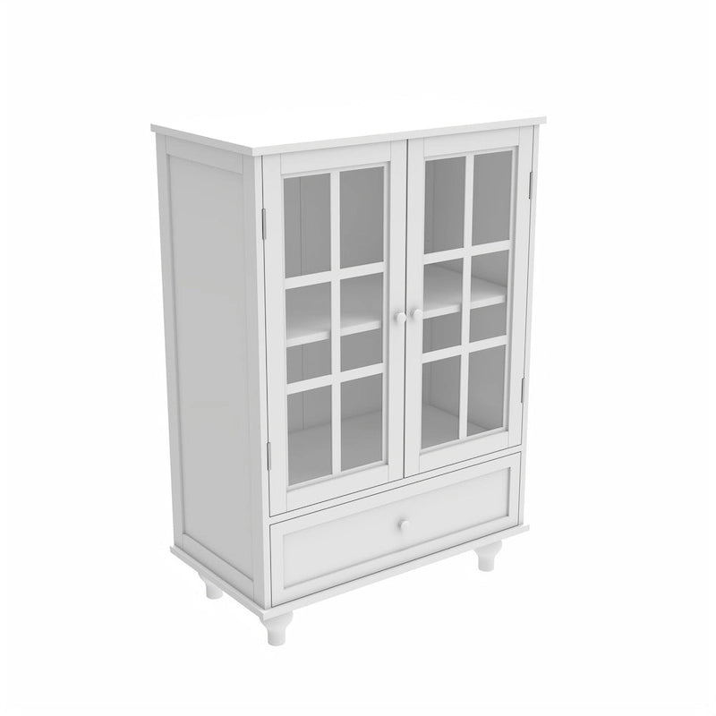 Credenza Buffet Minimalista con Doppie Ante in Vetro e Cassetto, Armadio Contenitore in Legno per Soggiorno, Corridoio