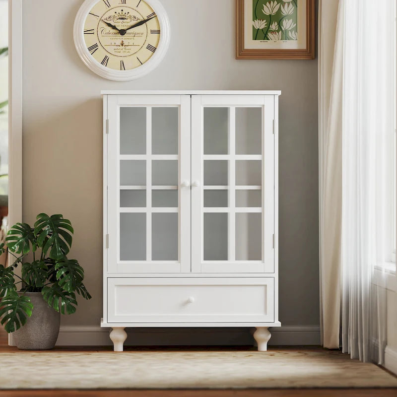 Credenza Buffet Minimalista con Doppie Ante in Vetro e Cassetto, Armadio Contenitore in Legno per Soggiorno, Corridoio