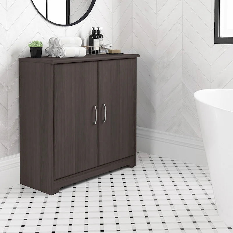 Mobiletto contenitore per bagno piccolo con ante, ripiani regolabili, finitura legno