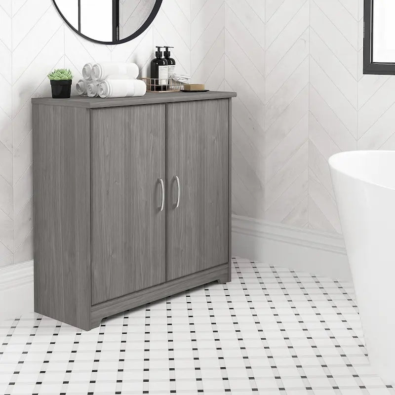 Mobiletto contenitore per bagno piccolo con ante, ripiani regolabili, finitura legno