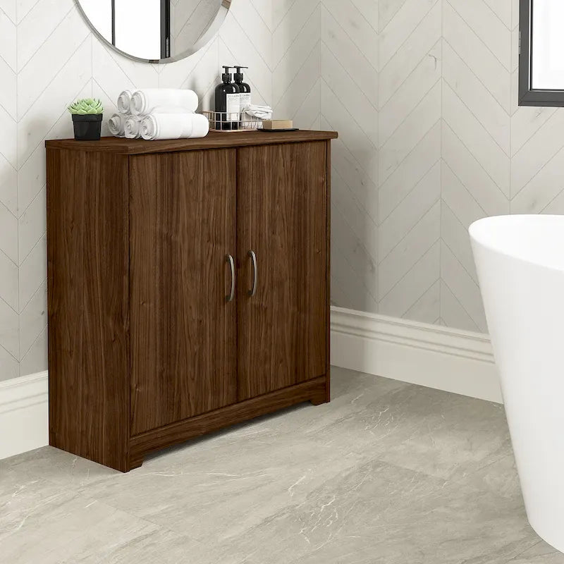 Mobiletto contenitore per bagno piccolo con ante, ripiani regolabili, finitura legno