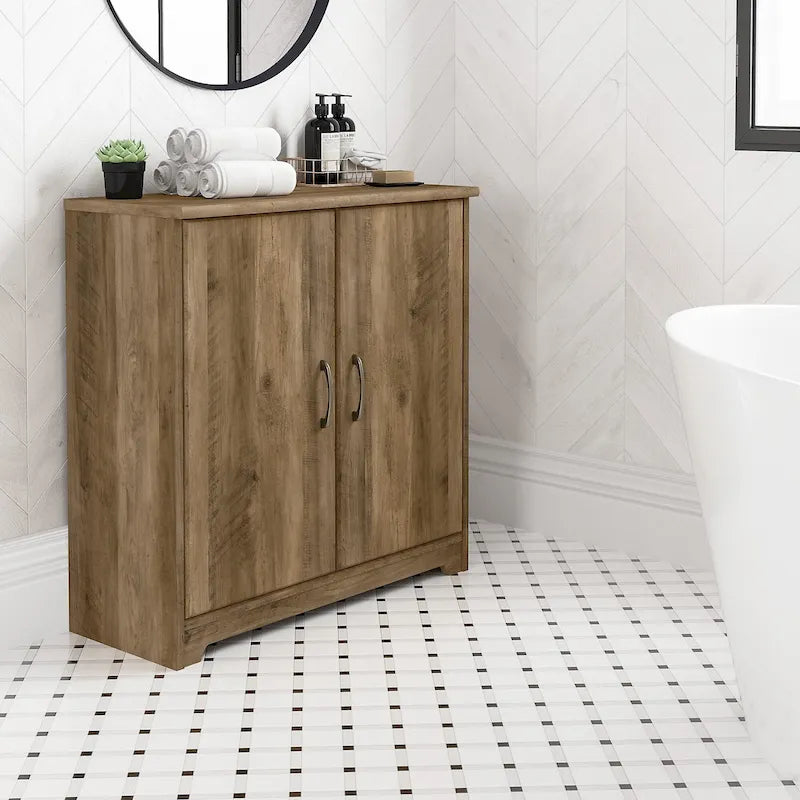 Mobiletto contenitore per bagno piccolo con ante, ripiani regolabili, finitura legno