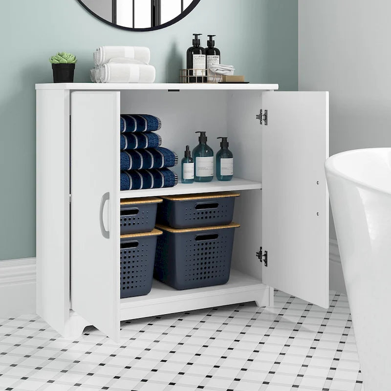 Mobiletto contenitore per bagno piccolo con ante, ripiani regolabili, finitura legno