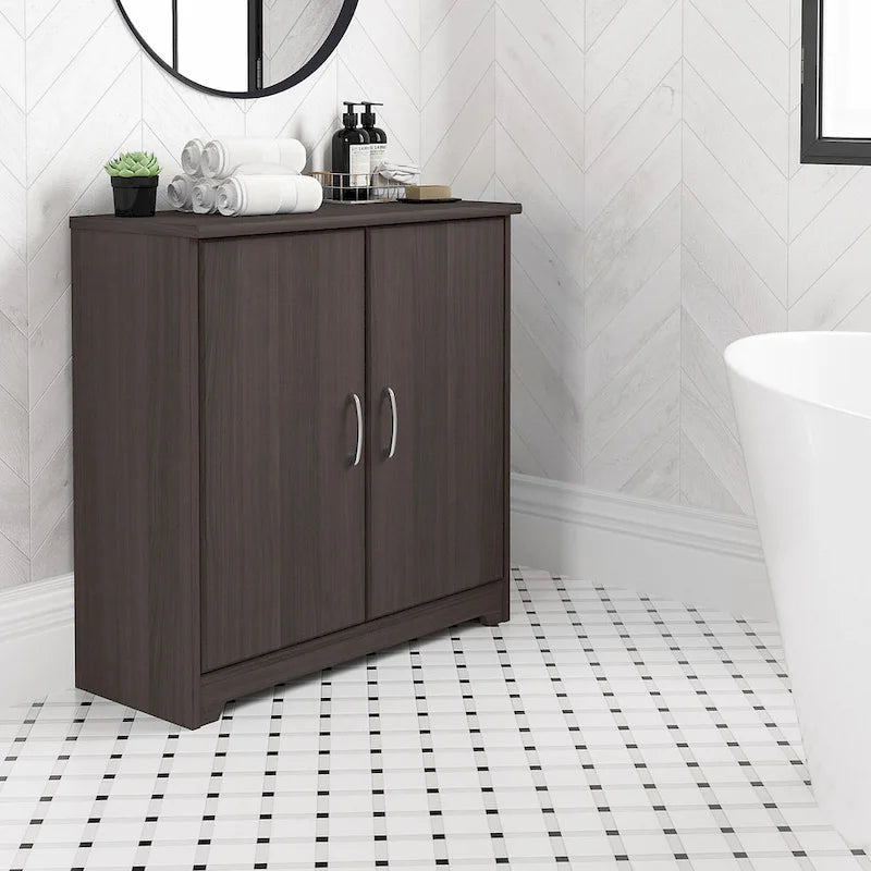 Mobiletto contenitore per bagno piccolo con ante, ripiani regolabili, finitura legno
