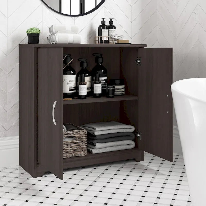 Mobiletto contenitore per bagno piccolo con ante, ripiani regolabili, finitura legno