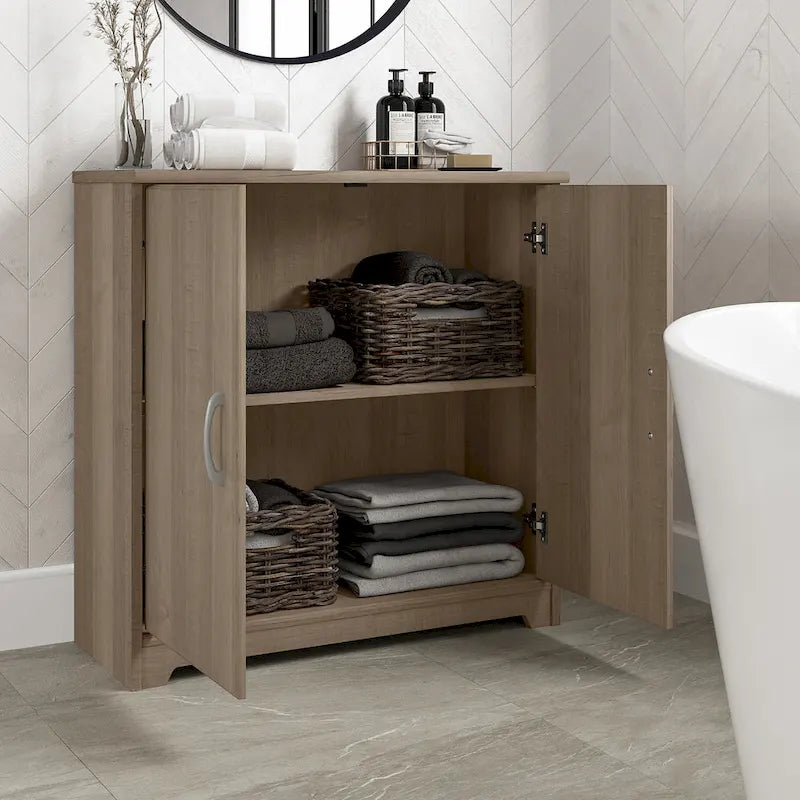 Mobiletto contenitore per bagno piccolo con ante, ripiani regolabili, finitura legno