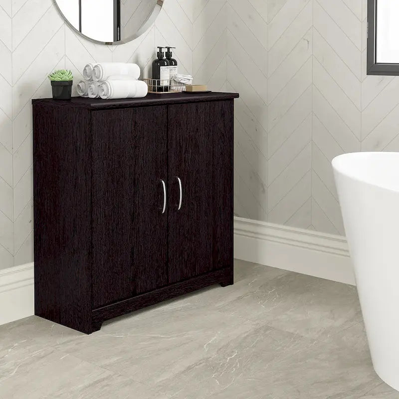 Mobiletto contenitore per bagno piccolo con ante, ripiani regolabili, finitura legno