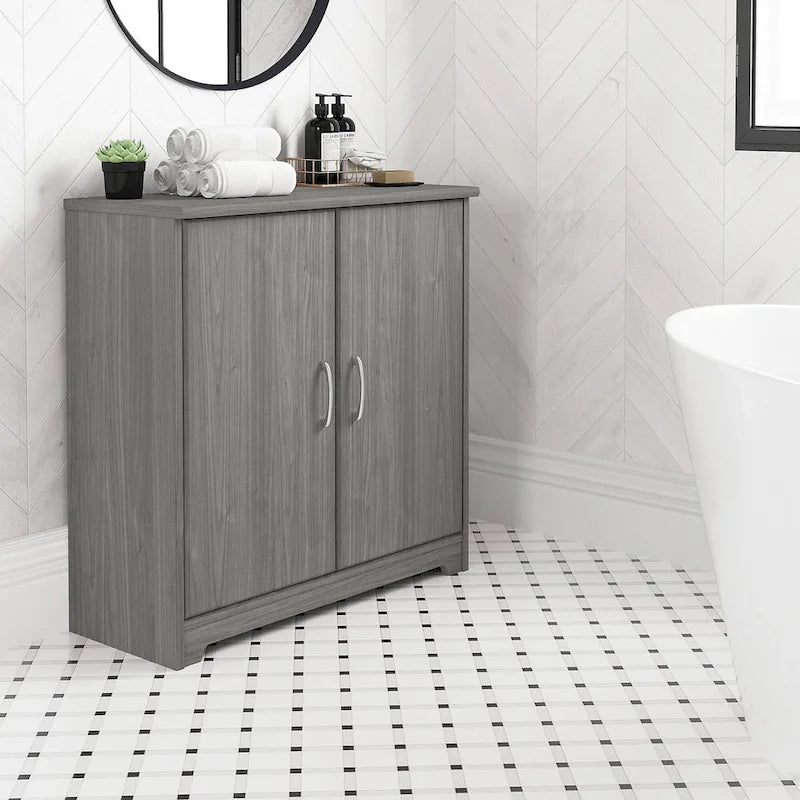 Mobiletto contenitore per bagno piccolo con ante, ripiani regolabili, finitura legno