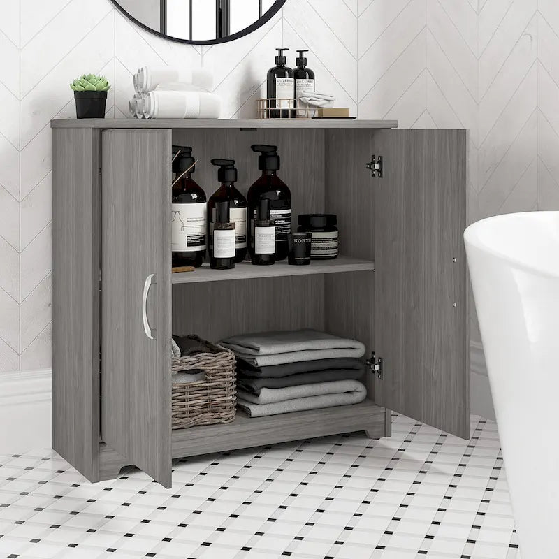 Mobiletto contenitore per bagno piccolo con ante, ripiani regolabili, finitura legno