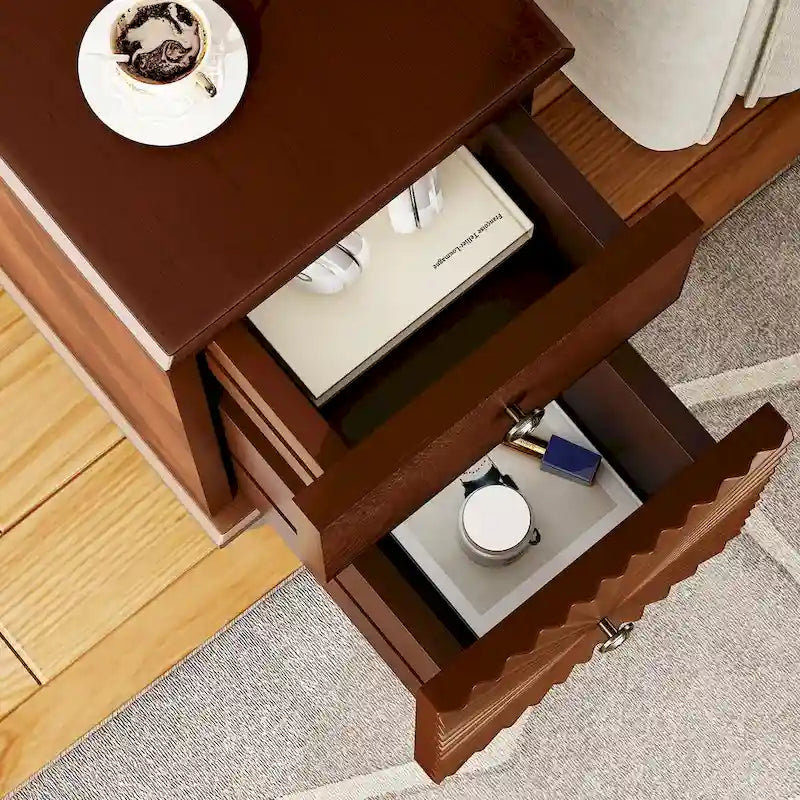 Tavolino da divano moderno a 2 cassetti, tavolino stretto in legno massello, comodino sottile per soggiorno, camera da letto