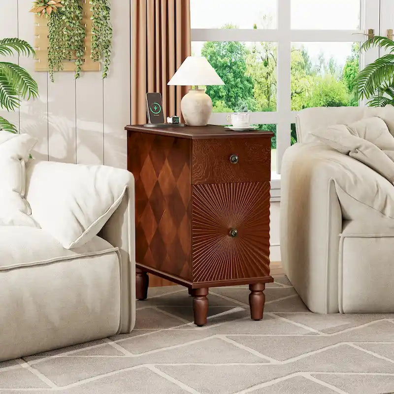 Tavolino da divano moderno a 2 cassetti, tavolino stretto in legno massello, comodino sottile per soggiorno, camera da letto