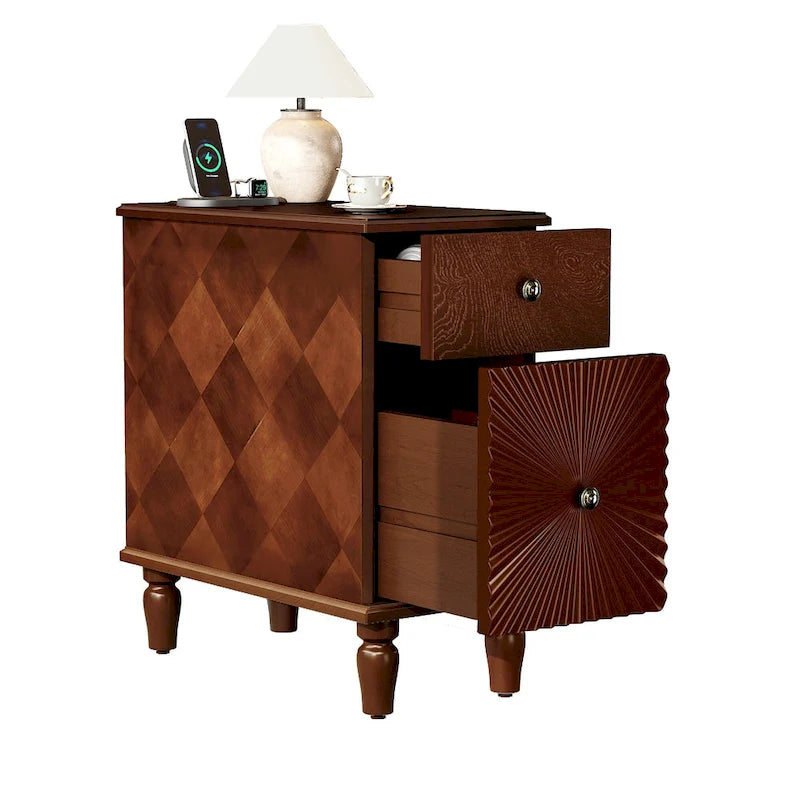 Tavolino da divano moderno a 2 cassetti, tavolino stretto in legno massello, comodino sottile per soggiorno, camera da letto