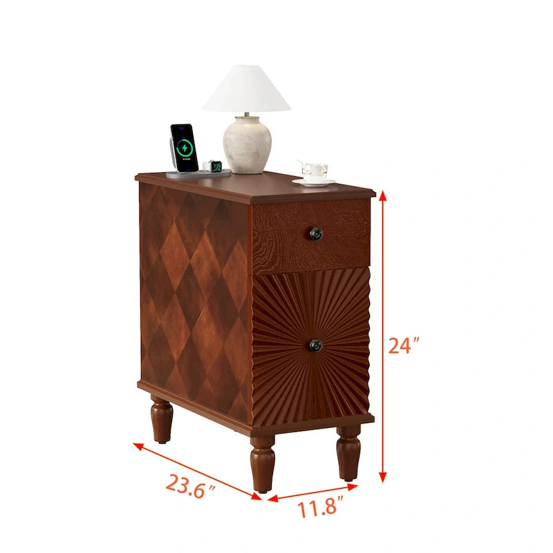 Tavolino da divano moderno a 2 cassetti, tavolino stretto in legno massello, comodino sottile per soggiorno, camera da letto