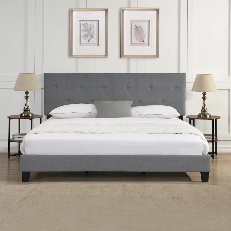 Letto imbottito king size con testiera in tessuto di lino capitonné, senza necessità di rete a molle