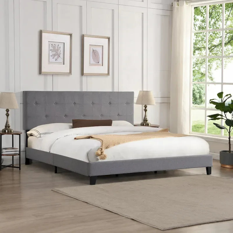Letto imbottito king size con testiera in tessuto di lino capitonné, senza necessità di rete a molle