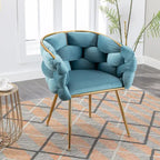 Poltrona di design in velluto blu larga 72,9 cm con gambe in metallo placcato oro, stile moderno