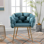 Poltrona di design in velluto blu larga 72,9 cm con gambe in metallo placcato oro, stile moderno