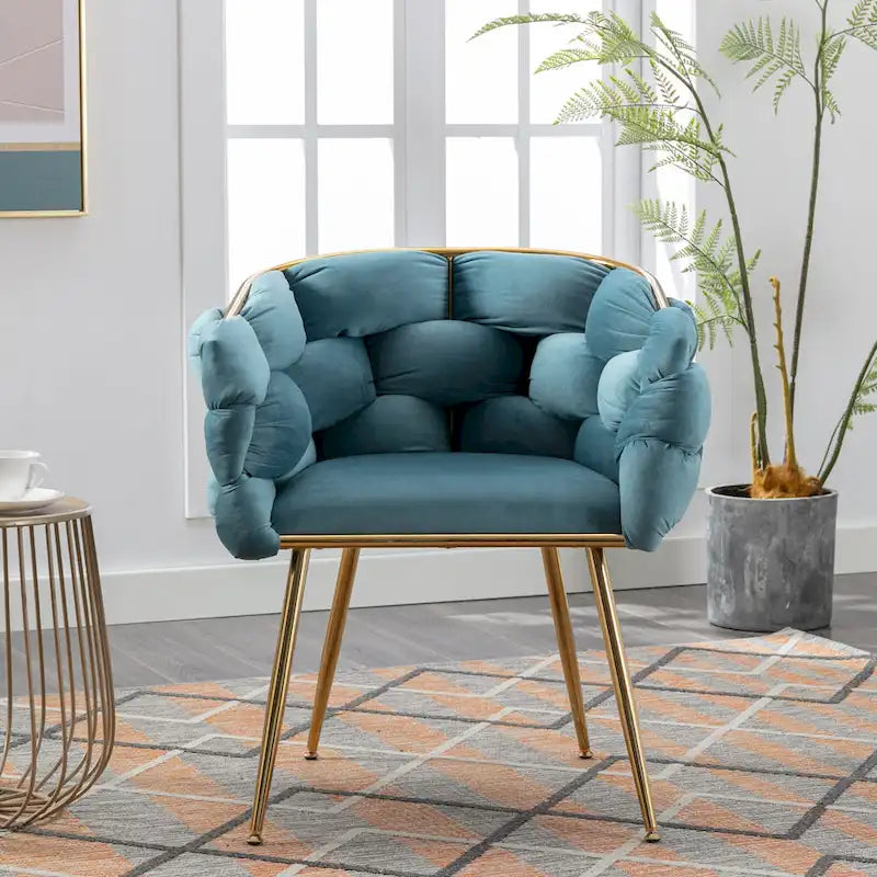 Poltrona di design in velluto blu larga 72,9 cm con gambe in metallo placcato oro, stile moderno
