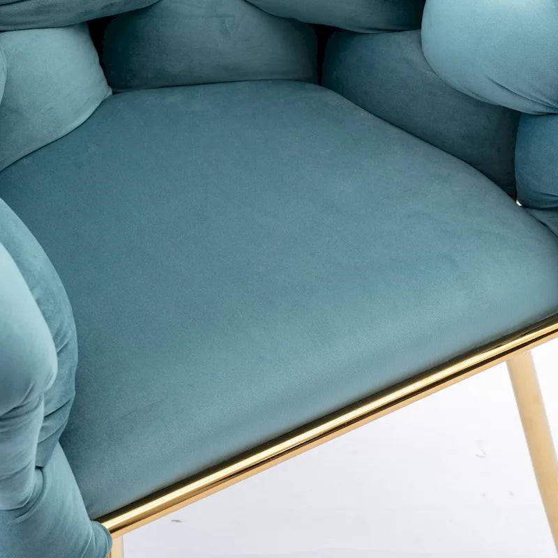 Poltrona di design in velluto blu larga 72,9 cm con gambe in metallo placcato oro, stile moderno