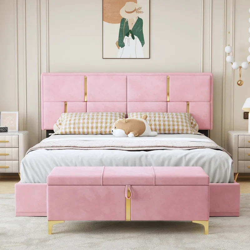 Set camera da letto 2 pezzi, letto a piattaforma imbottito queen size