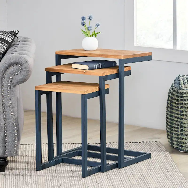 Set di 3 tavolini da incasso in legno industriale, struttura in metallo, tavolini moderni per soggiorno