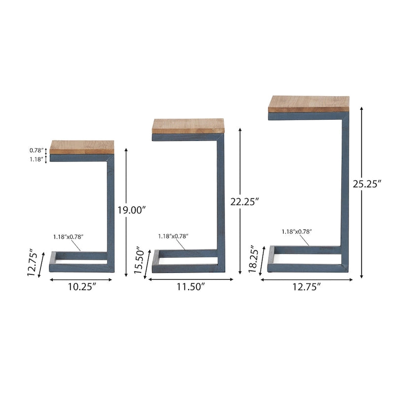 Set di 3 tavolini da incasso in legno industriale, struttura in metallo, tavolini moderni per soggiorno