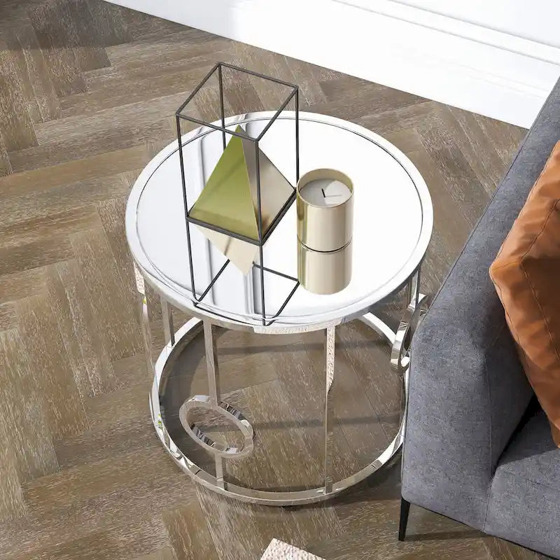Tavolino/Comodino con Specchio Cromato Glamour 58cm, Struttura Rotonda a Cerchio, per Soggiorno