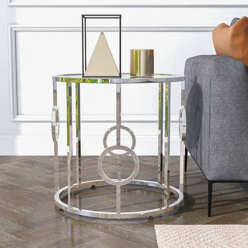Tavolino/Comodino con Specchio Cromato Glamour 58cm, Struttura Rotonda a Cerchio, per Soggiorno