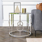 Tavolino/Comodino con Specchio Cromato Glamour 58cm, Struttura Rotonda a Cerchio, per Soggiorno
