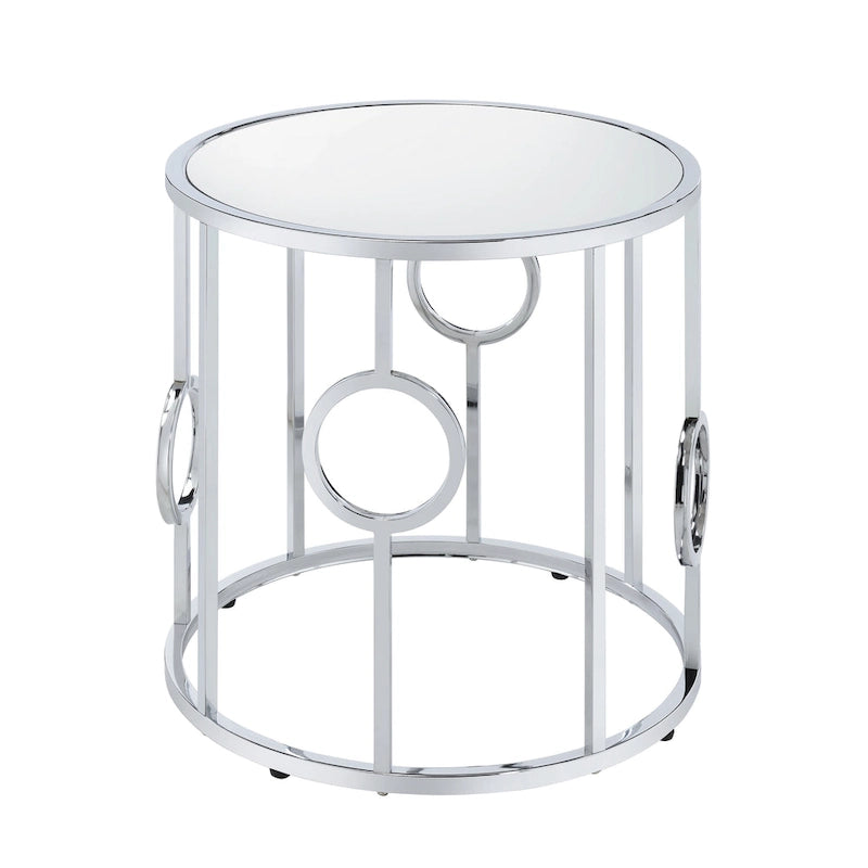 Tavolino/Comodino con Specchio Cromato Glamour 58cm, Struttura Rotonda a Cerchio, per Soggiorno
