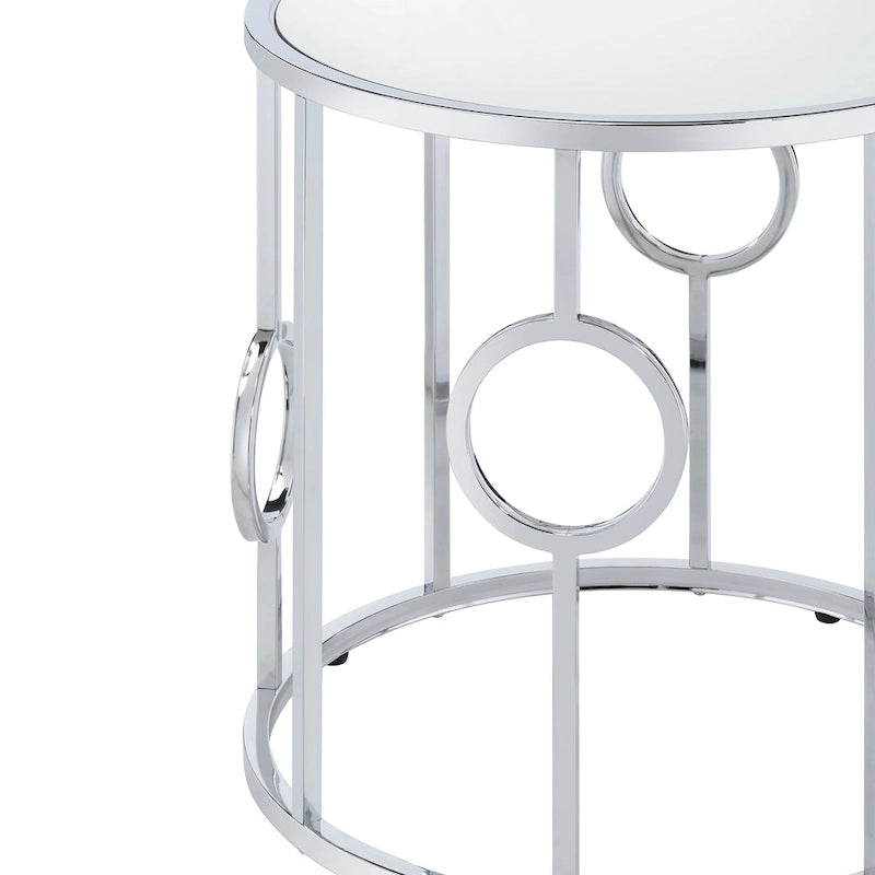 Tavolino/Comodino con Specchio Cromato Glamour 58cm, Struttura Rotonda a Cerchio, per Soggiorno
