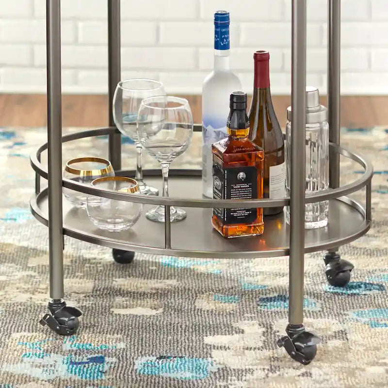 Carrello Bar Ovale in Metallo con Ruote, Portabottiglie Vino a 2 Livelli, Carrello da Servizio Moderno