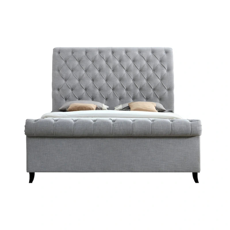Letto a piattaforma con testiera a slitta imbottito in tessuto grigio, senza bisogno di rete a doghe