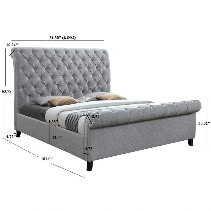 Letto a piattaforma con testiera a slitta imbottito in tessuto grigio, senza bisogno di rete a doghe