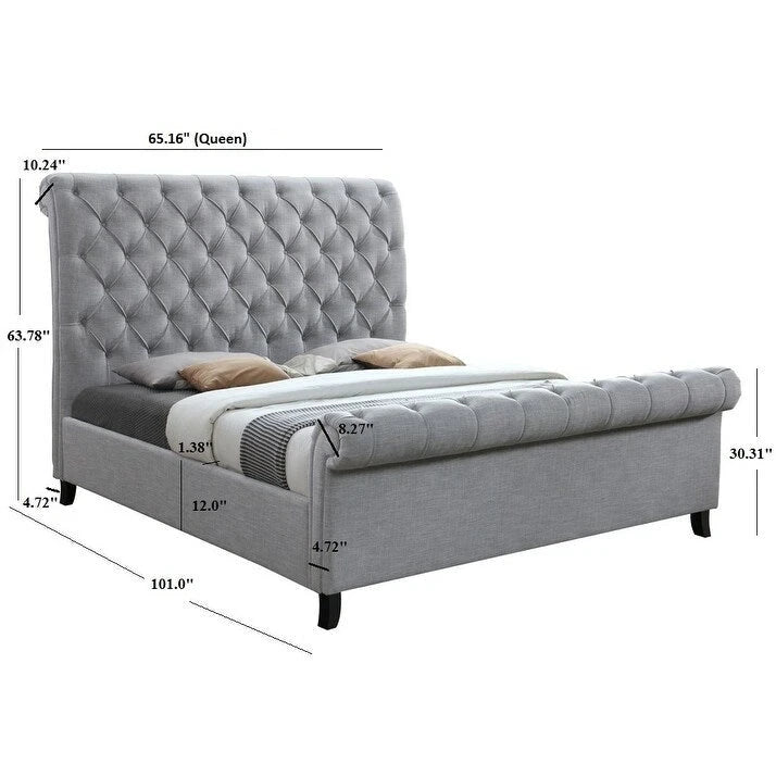 Letto a piattaforma con testiera a slitta imbottito in tessuto grigio, senza bisogno di rete a doghe