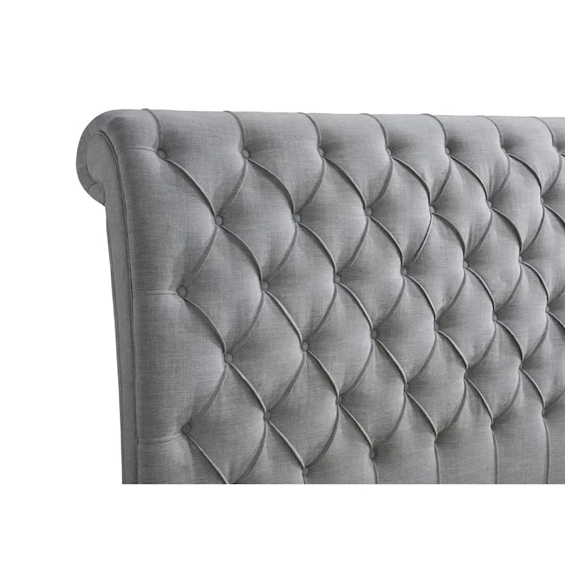 Letto a piattaforma con testiera a slitta imbottito in tessuto grigio, senza bisogno di rete a doghe