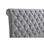 Letto a piattaforma con testiera a slitta imbottito in tessuto grigio, senza bisogno di rete a doghe