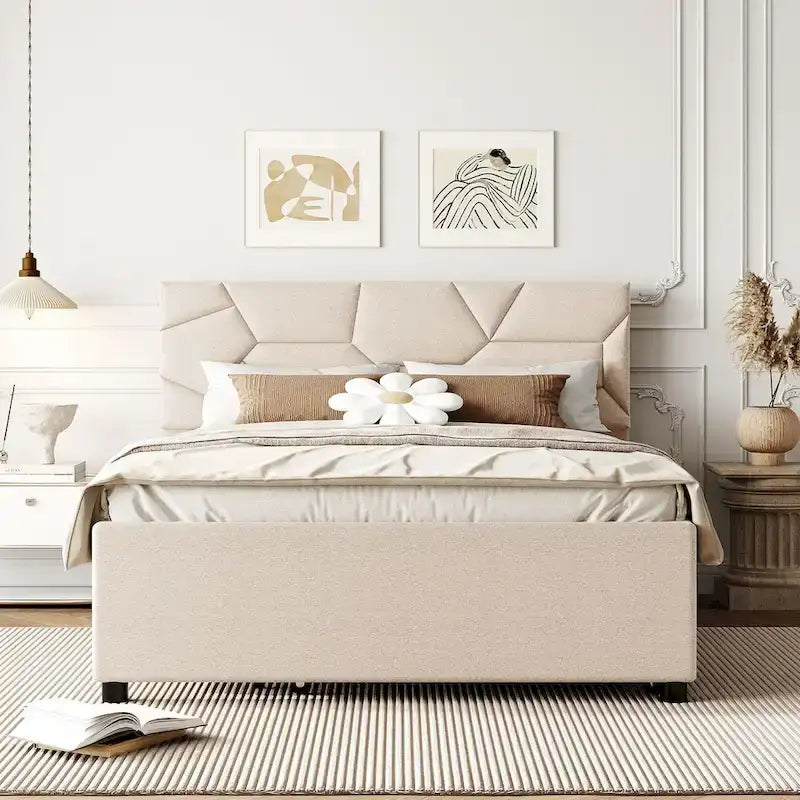Letto imbottito a piattaforma Full Size con testiera a motivi di mattoni e letto estraibile Twin Size, tessuto di lino, beige