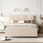 Letto imbottito a piattaforma Full Size con testiera a motivi di mattoni e letto estraibile Twin Size, tessuto di lino, beige