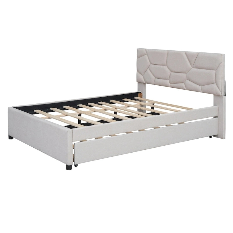 Letto imbottito a piattaforma Full Size con testiera a motivi di mattoni e letto estraibile Twin Size, tessuto di lino, beige