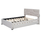 Letto imbottito a piattaforma Full Size con testiera a motivi di mattoni e letto estraibile Twin Size, tessuto di lino, beige