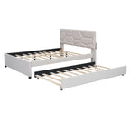 Letto imbottito a piattaforma Full Size con testiera a motivi di mattoni e letto estraibile Twin Size, tessuto di lino, beige