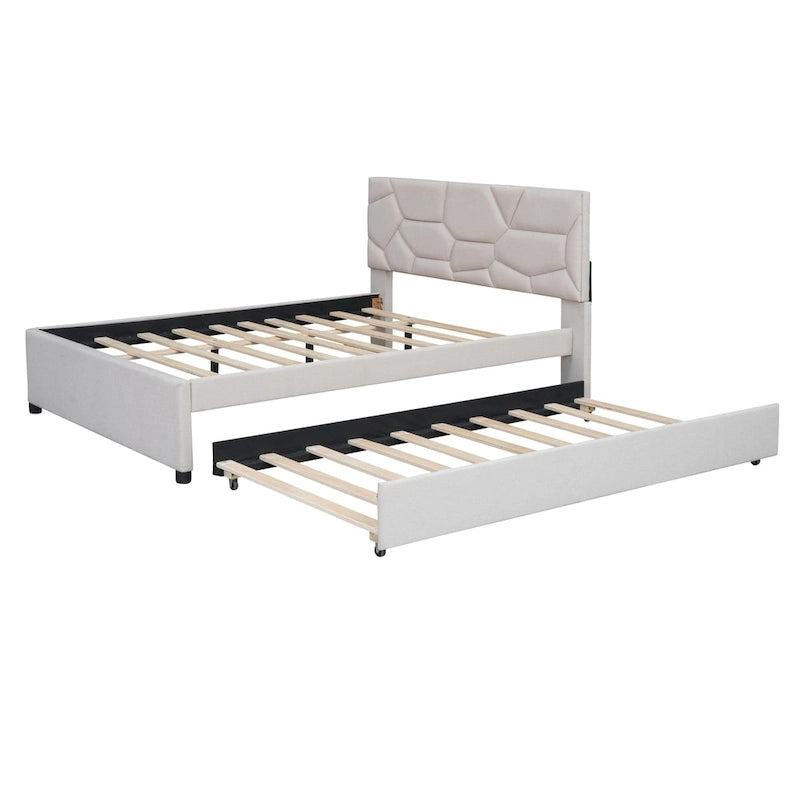 Letto imbottito a piattaforma Full Size con testiera a motivi di mattoni e letto estraibile Twin Size, tessuto di lino, beige