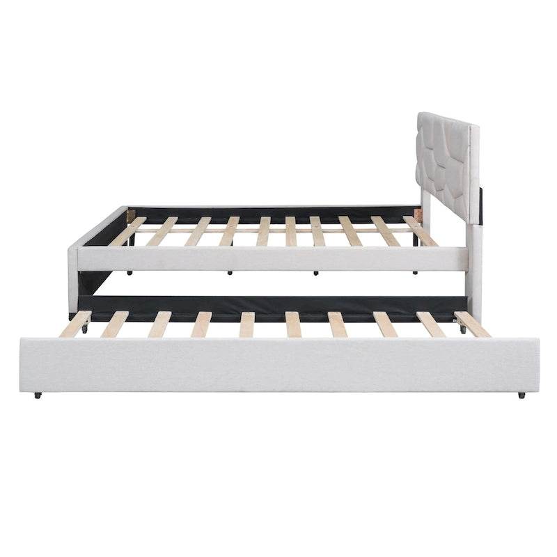 Letto imbottito a piattaforma Full Size con testiera a motivi di mattoni e letto estraibile Twin Size, tessuto di lino, beige