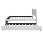 Letto imbottito a piattaforma Full Size con testiera a motivi di mattoni e letto estraibile Twin Size, tessuto di lino, beige