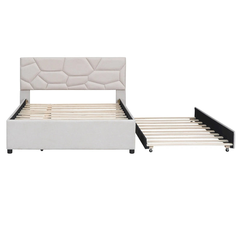 Letto imbottito a piattaforma Full Size con testiera a motivi di mattoni e letto estraibile Twin Size, tessuto di lino, beige