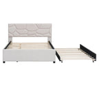 Letto imbottito a piattaforma Full Size con testiera a motivi di mattoni e letto estraibile Twin Size, tessuto di lino, beige